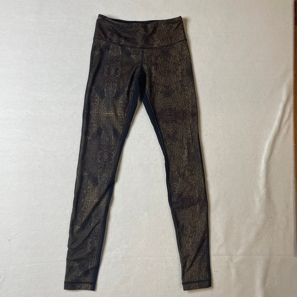 Lululemon Black & Gold Patterned Athletic Yoga Leggings Size 4 Activewear‎